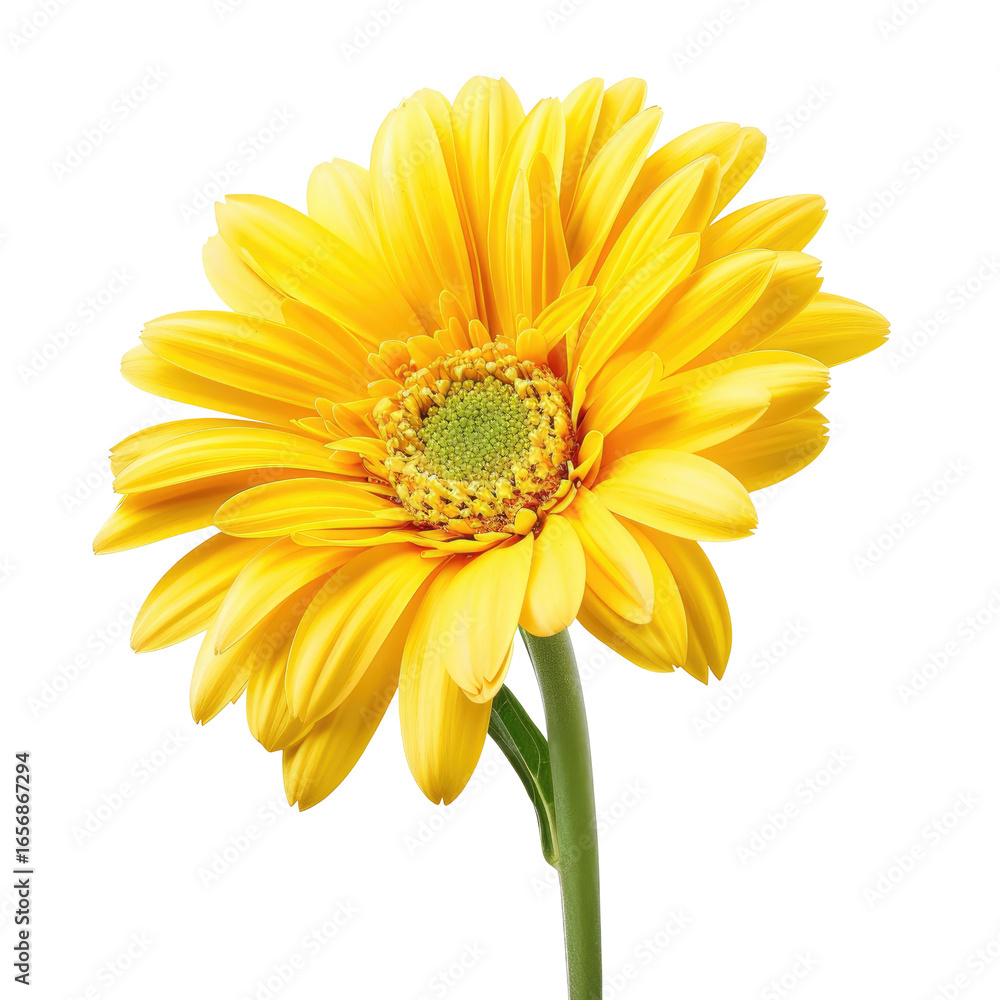 Naklejka premium Close-up of a vibrant yellow gerbera daisy, isolated against a black background. Its petals are a bright, rich yellow, radiating outward from a central, green-yellow disc.