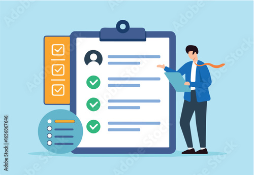 Flat illustration of human resource manager checking candidate questionnaire new hire onboarding checklist vacancy job business interview and HR recruitment