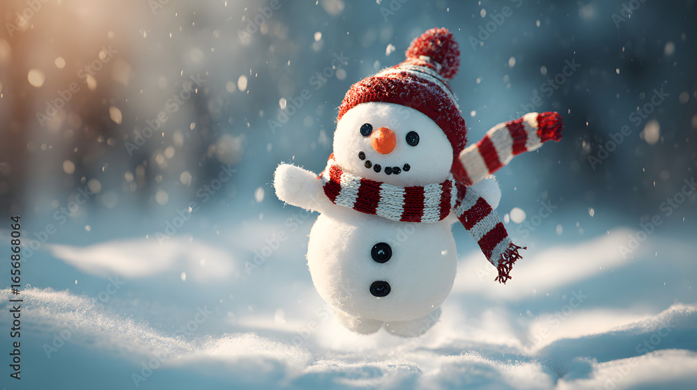 Fototapeta premium Funny energetic snowman running through a snow-covered scene with a scarf and hat, embracing the festive winter fun. Image made using