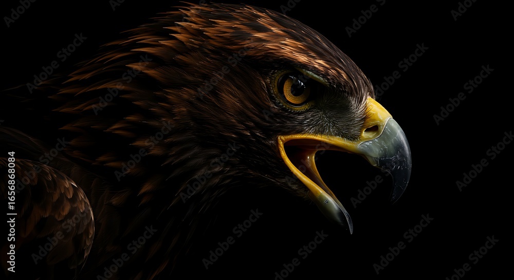 Fototapeta premium Majestic Brown Eagle Head Closeup with Sharp Beak and Intense Eye on Black Background