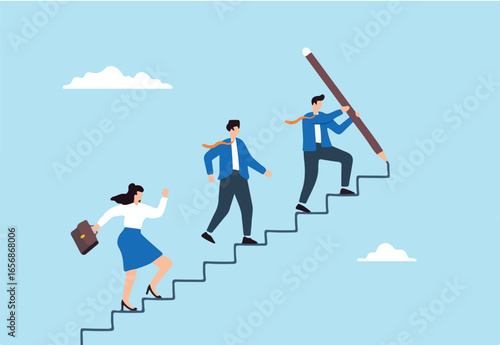 Flat illustration of businessman leader draw stairs with pencil guiding team to success develop career improvement plan