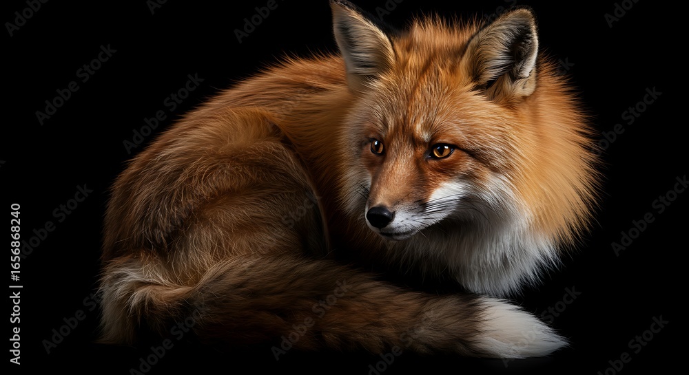 Fototapeta premium Red Fox Resting on Black Background in Natural Lighting