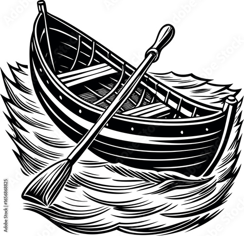 Monochrome depiction of a rowboat with an oar on rough, stylized water