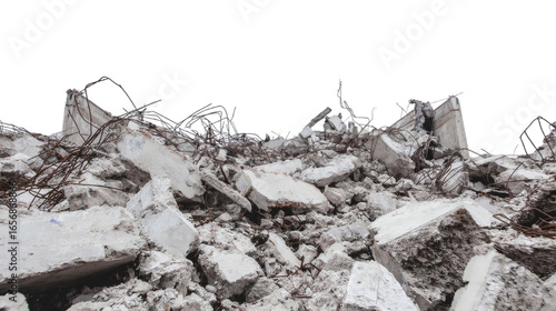 Debris and rubble pile of a demolished building, construction site aftermath