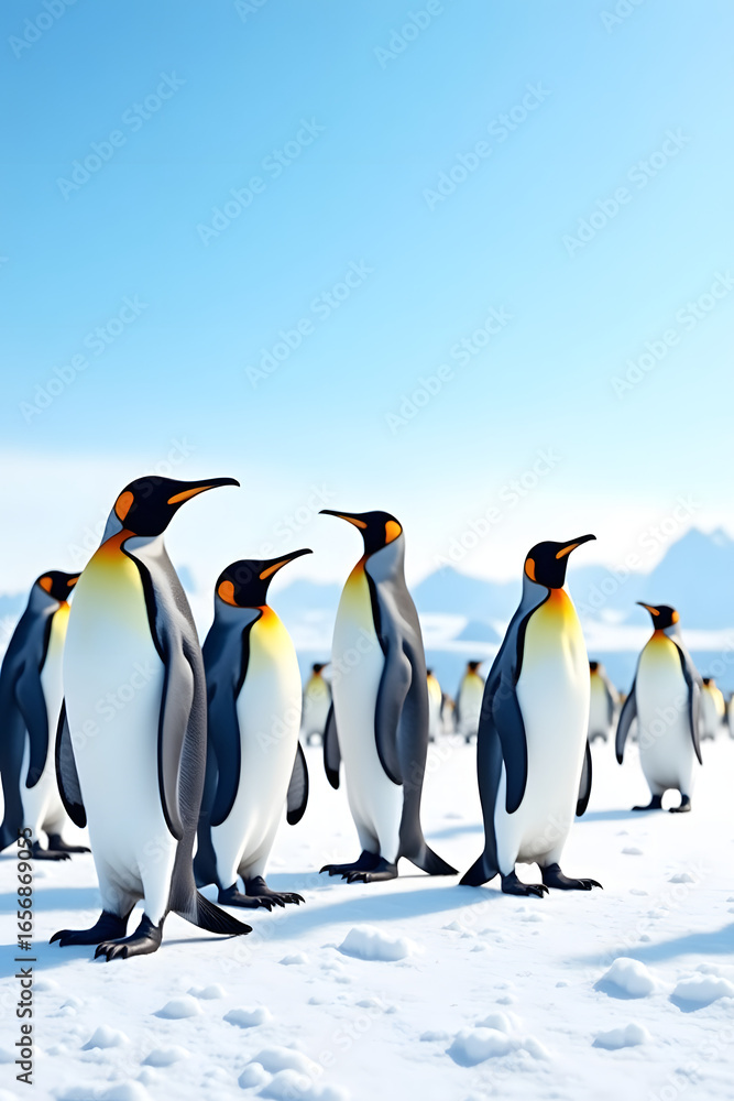 Fototapeta premium Group of Emperor Penguins Standing on Snow in Antarctica Under Clear Blue Sky