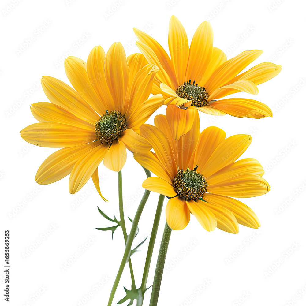Naklejka premium Three vibrant yellow flowers with green centers and stems, isolated on black