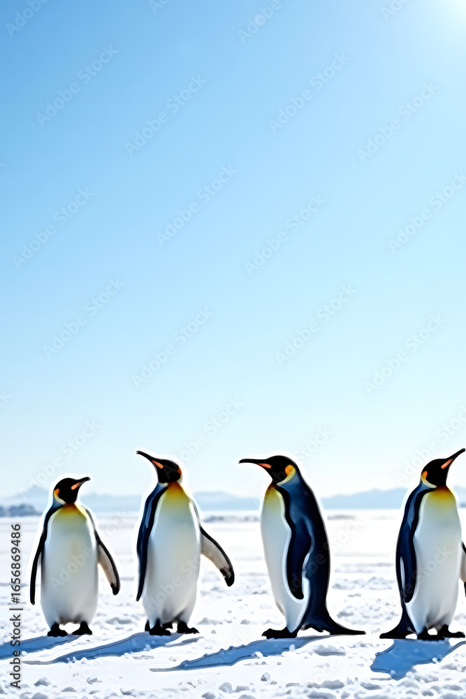 Obraz premium Group of Emperor Penguins Standing on Snow in Antarctica Under Clear Blue Sky