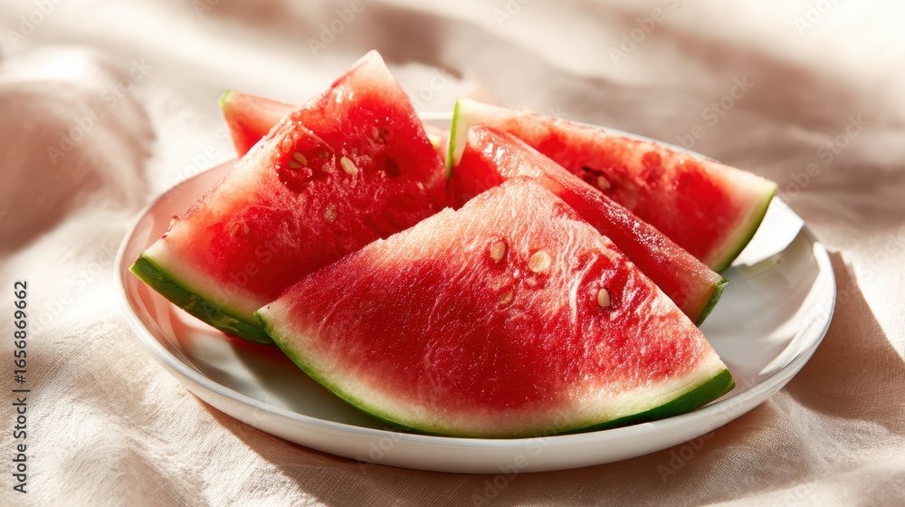 A delightful arrangement of juicy watermelon slices presented on a white plate, emphasizing the freshness and color of this popular summer fruit in a clean setting. A delightful arrangement of juicy watermelon slices presented on a white plate, emphasizing the freshness and color of this popular summer fruit in a clean setting.