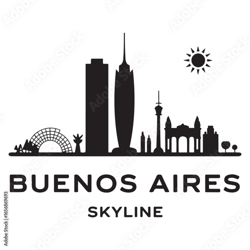 Vector Buenos Aires skyline. Travel Buenos Aires famous landmarks. Business and tourism concept for presentation, banner, web site. Vector black silhouette. with white background