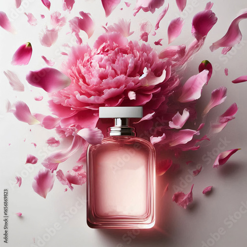 A bottle of perfume with a light aroma and a combination of floral, citrus notes, and aromatic oils. The concept of lightness and movement in life.