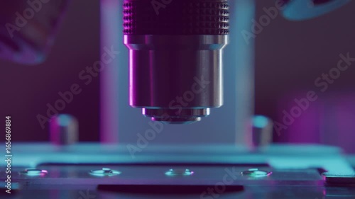 Detailed close up view of microscope objective lens focusing above specimen slide during examination in laboratory with vivid purple and blue lighting