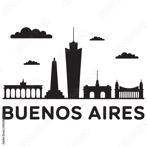 Vector Buenos Aires skyline. Travel Buenos Aires famous landmarks. Business and tourism concept for presentation, banner, web site. Vector black silhouette. with white background