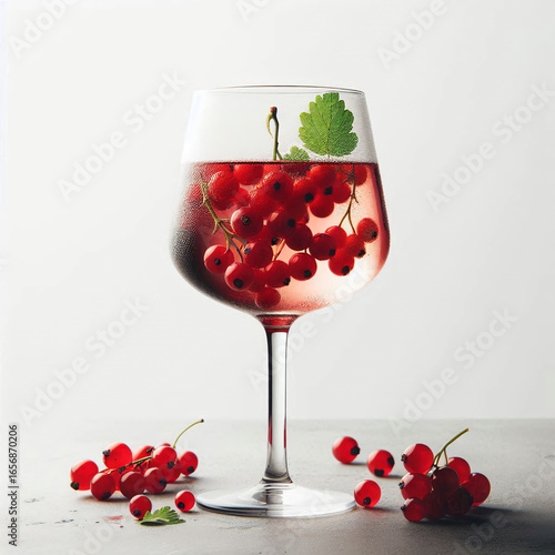Red currant infused wine glass, wine glass, recipes, flavor accents, drink, white background. minimalism.