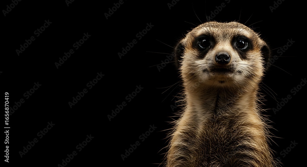 Fototapeta premium Meerkat Portrait Sitting Upright Against Dark Background