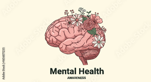 Mental Health Awareness with Flowers Blooming from the Brain Representing Growth and Healing Conceptual Image