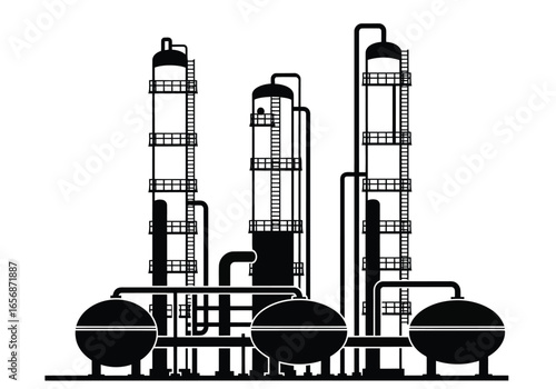 Vector illustration of industrial refinery plant with distillation towers and storage tanks