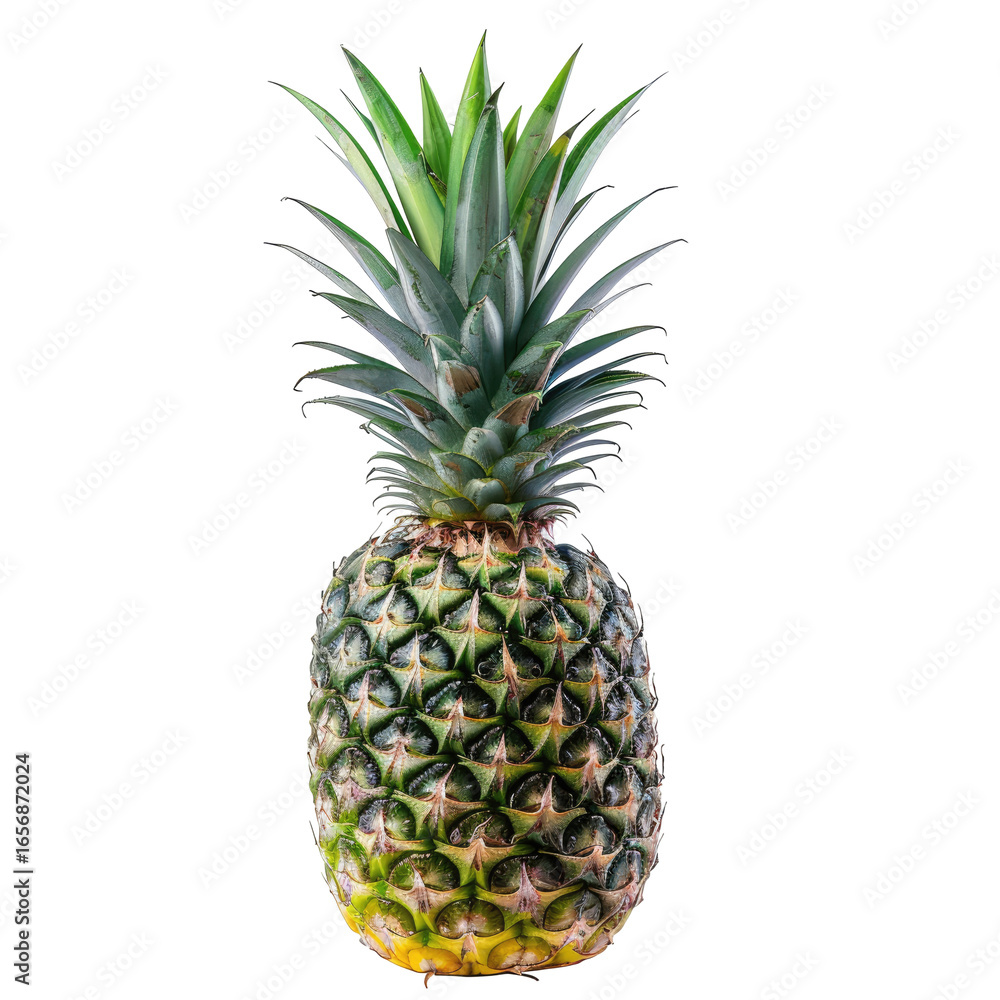 Fototapeta premium Vivid close-up of whole tropical pineapple. Green crown. Textured surface. Isolated on black