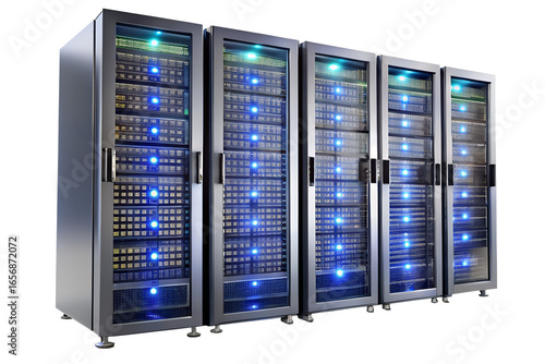 Five server racks in a data center isolated on transparent background, illustrating network infrastructure and data storage