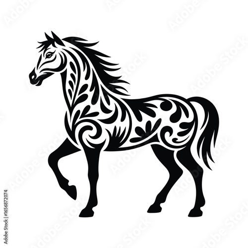 Horse with foal silhouette showing mother standing beside young foal, isolated vector illustration in black and white