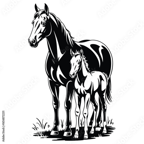Horse with foal silhouette showing mother standing beside young foal, isolated vector illustration in black and white