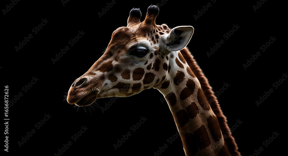 Obraz premium Giraffe Head Portrait with Dark Background Showing Detailed Features and Pattern