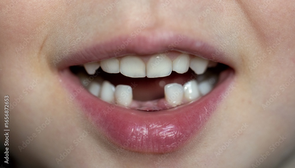 Fototapeta premium A close-up reveals a child's mouth with missing front tooth, showcasing the transition in dental development. Concept of: Childhood tooth loss.