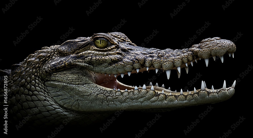 Fototapeta premium Close-up of Crocodile Head with Open Mouth on Black Background