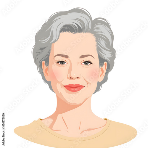 Gray-haired woman smiling in illustrated portrait style  