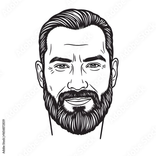 Bearded man with medium-length hair smiling in a hand-drawn portrait  