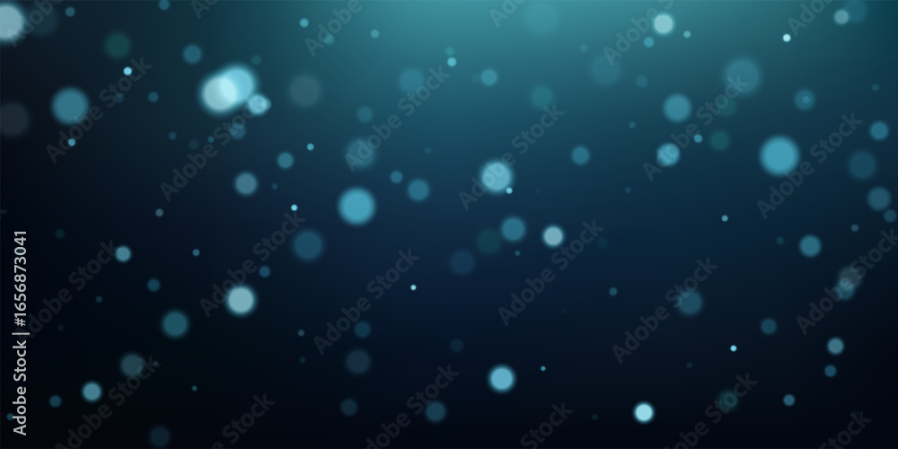 Blue bokeh background. Abstract blurred lights with glowing floating particles on dark navy gradient. Underwater atmosphere, dreamy light effect, marine depth. Vector illustration.