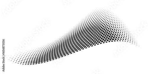 Abstract dotted wave. Halftone curved shape in black color isolated on white background. Curved and twisted gradients form. Trendy graphic vector illustration.