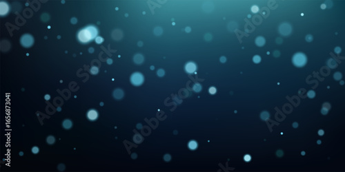 Blue bokeh background. Abstract blurred lights with glowing floating particles on dark navy gradient. Underwater atmosphere, dreamy light effect, marine depth. Vector illustration.