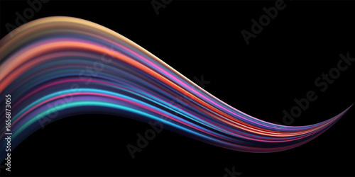 Colorful curved gradient light wave. Abstract neon streak with flowing lines in blue, pink, and orange on black background. Futuristic energy stream, motion effect, glowing swirl. Vector illustration.