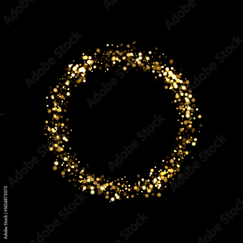 Glowing golden glitter circular frame. Abstract shape of scattered light particles on black. Vector illustration with festive bokeh effect and luxury celebration design. Shimmering decoration border.