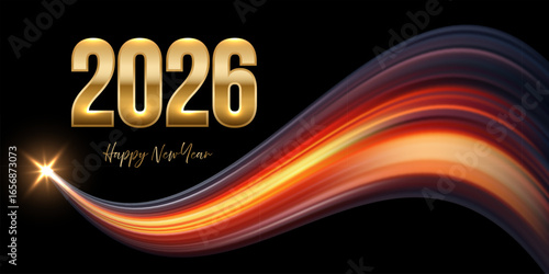 2026 Happy New Year banner. Golden numbers with glowing curved light trail on black background, festive spark and dynamic gradient lines. Celebration, holiday greeting vector illustration.