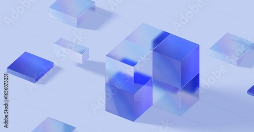 Abstract glass cubes in various shapes and sizes, the cubes cast shadows