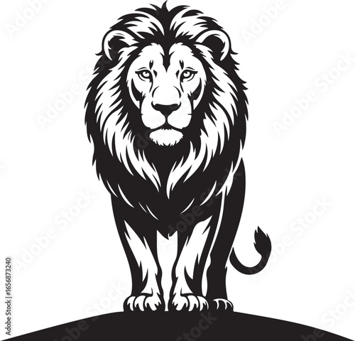 Majestic lion standing on a hill in black and white silhouette king animal