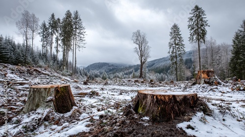 A stark winter landscape features numerous tree stumps in a cleared forest area. Snow covers the ground, while dense, tall trees rise in the background under a blanket of gray clouds.