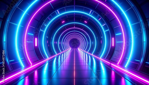 Fototapeta Naklejka Na Ścianę i Meble -  A futuristic tunnel illuminated by vibrant neon circles of blue and pink light creates a captivating, otherworldly passage.