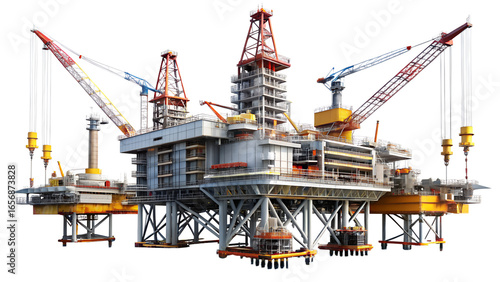 Offshore oil and gas platform isolated on transparent background, a complex structure for drilling and extraction of resources