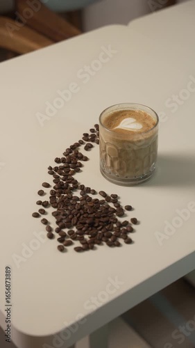 A clear glass showcases a rich cup of Cortado, artfully accompanied by scattered coffee beans on a simple background, inviting coffee lovers to indulge and enjoy, fa01