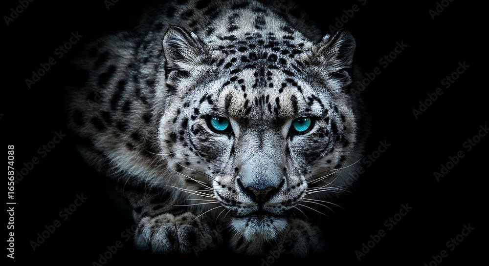 Naklejka premium Snow Leopard with Bright Blue Eyes Lying on Black Background
