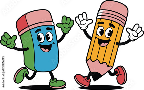 Cartoon eraser and pencil characters dancing