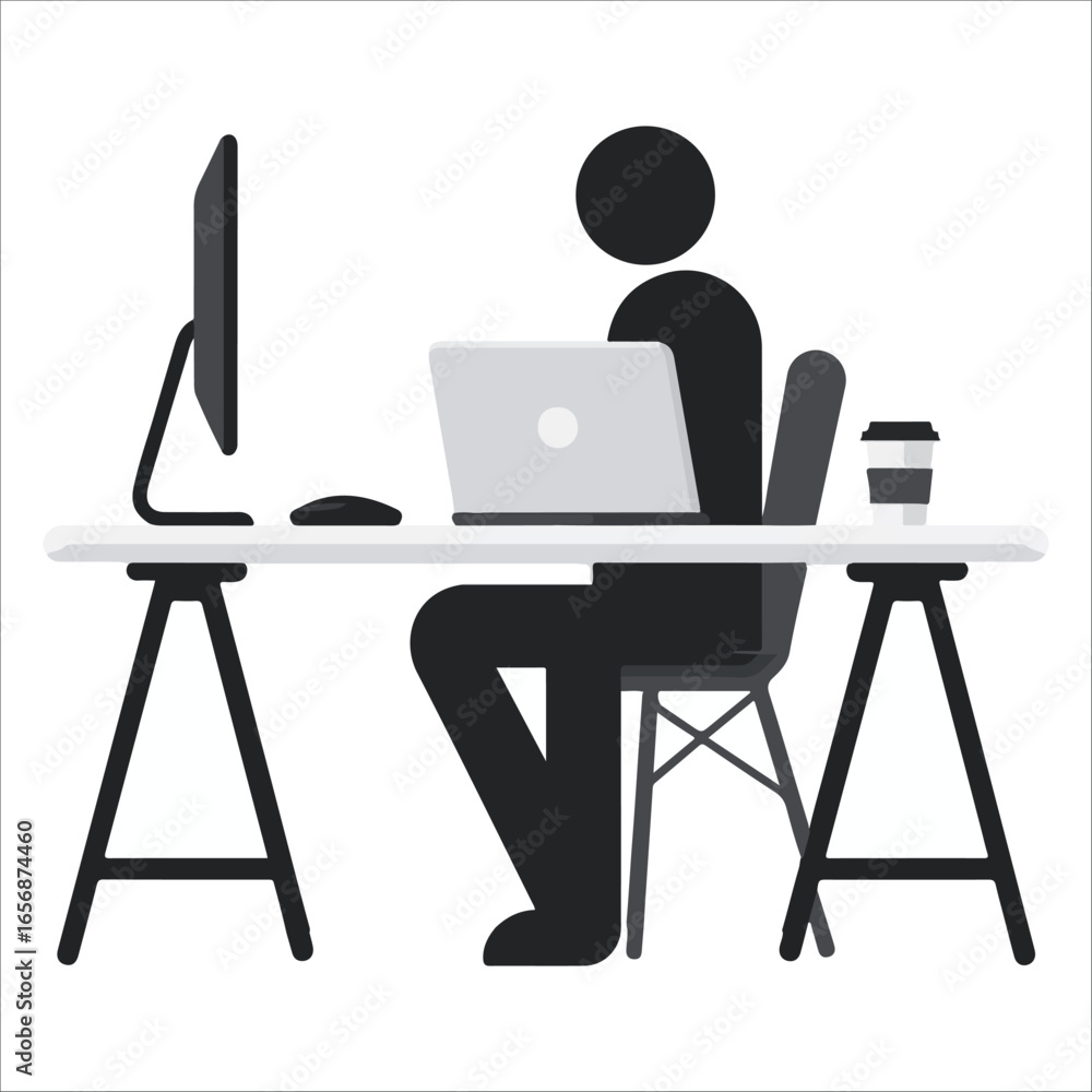 Fototapeta premium Simple Minimalist Person Working at Desk with Laptop and Coffee