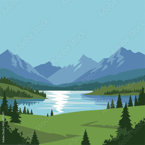 Serene mountain lake vista with lush green fields and forests. Peaceful morning sunbeams bathe the landscape. Nature photographer's depiction of a scenic valley -