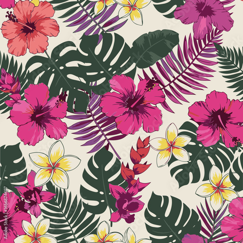 Tropical floral design with vibrant hibiscus, plumeria, orchids, and exotic leaves. Colorful flower pattern for seamless background use.