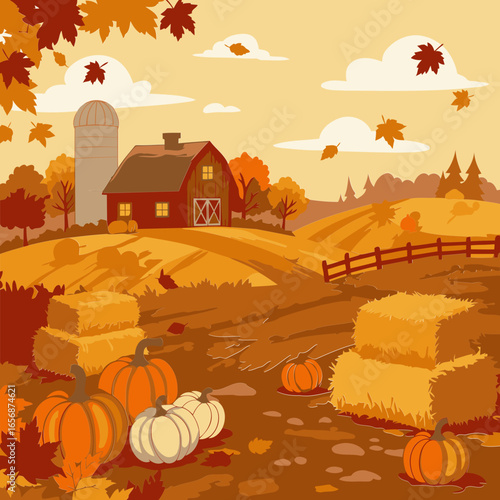 Autumnal farm scene with hay bales and pumpkins in a rural setting. Peaceful landscape with a red barn, haystacks, and pumpkins in an autumnal setting.