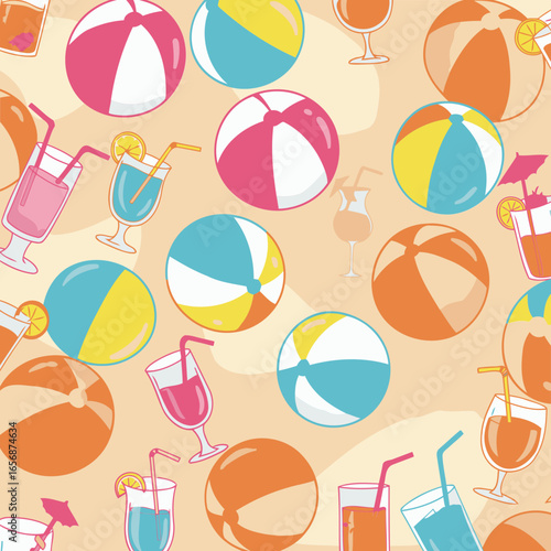 Beach vacation themed pattern with colorful beach balls, cocktails, and drinks on sandy beach background. Fun, summery illustration for promotional or editorial use.