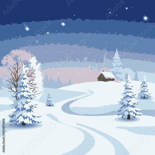 Winter wonderland landscape with snow-covered trees and a cozy cabin. Snowy path winding through a wintery landscape.