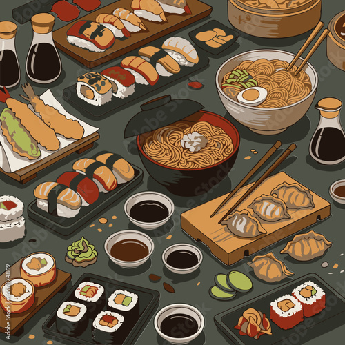Asian cuisine variety spread across a table. Colorful assortment of sushi, ramen, dumplings, and tempura displayed on wooden surfaces, including various sauces and condiments.